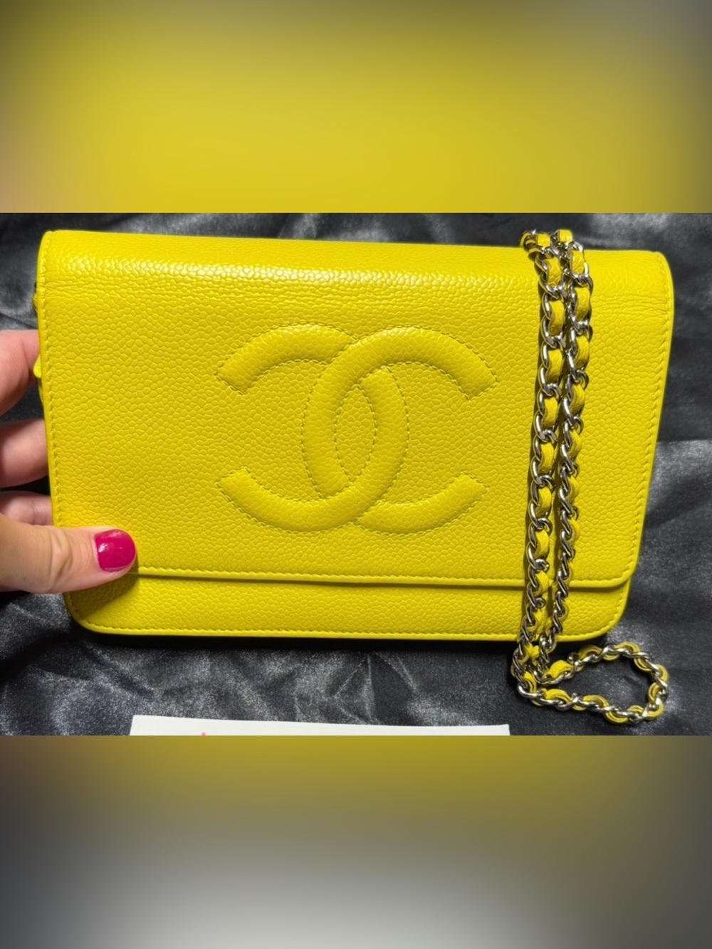 CHANEL yellow caviar wallet on chain
